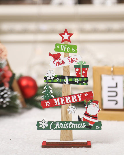 Decoratiune de Craciun din Lemn, pentru Masa, Scris We Wish You A Merry Christmas, Model Bradut