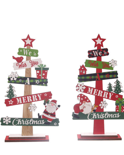 Decoratiune de Craciun din Lemn, pentru Masa, Scris We Wish You A Merry Christmas, Model Bradut