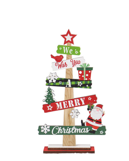 Decoratiune de Craciun din Lemn, pentru Masa, Scris We Wish You A Merry Christmas, Model Bradut