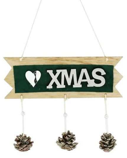 Decoratiune Craciun din Lemn, Model Scris Xmas, Conuri Atarnate, cu Inimioara , pentru Brad sau Usa