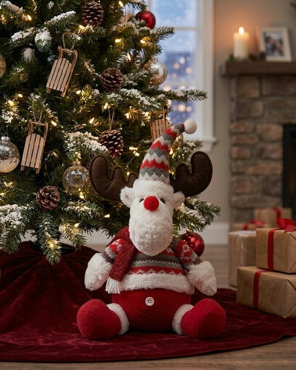 Ren De Plus Festiv, Ren cu Nas si Pulover, Decoratiune De Craciun, Ornament De Pus Pe Polita Sau Sub Brad, 38 cm