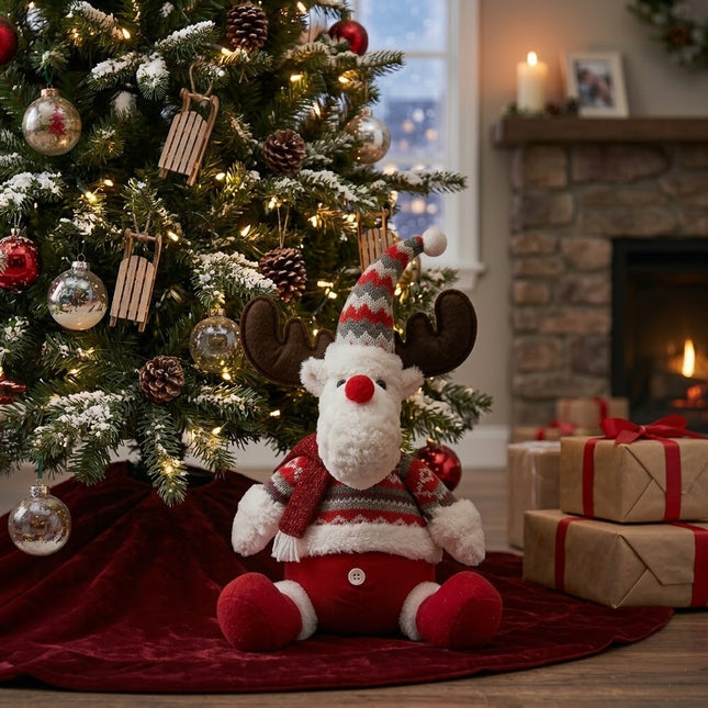 Ren De Plus Festiv, Ren cu Nas si Pulover, Decoratiune De Craciun, Ornament De Pus Pe Polita Sau Sub Brad, 38 cm