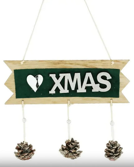 Decoratiune Craciun din Lemn, Model Scris Xmas, Conuri Atarnate, cu Inimioara , pentru Brad sau Usa