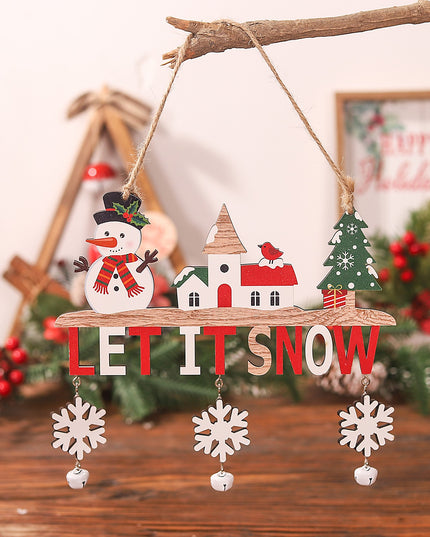 Decoratiune de Craciun din Lemn, cu Snur pentru Agatare in Brad, Model Om de Zapada, Scris Let It Snow