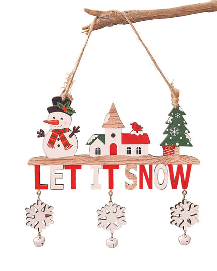 Decoratiune de Craciun din Lemn, cu Snur pentru Agatare in Brad, Model Om de Zapada, Scris Let It Snow