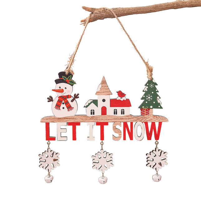 Decoratiune de Craciun din Lemn, cu Snur pentru Agatare in Brad, Model Om de Zapada, Scris Let It Snow