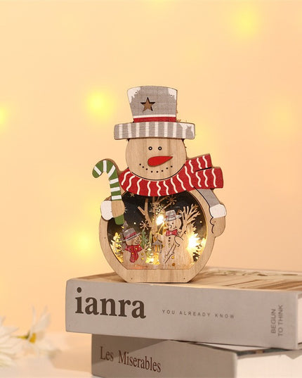 Decoratiune de Craciun, cu Lumini LED, din Lemn,Model Om de Zapada