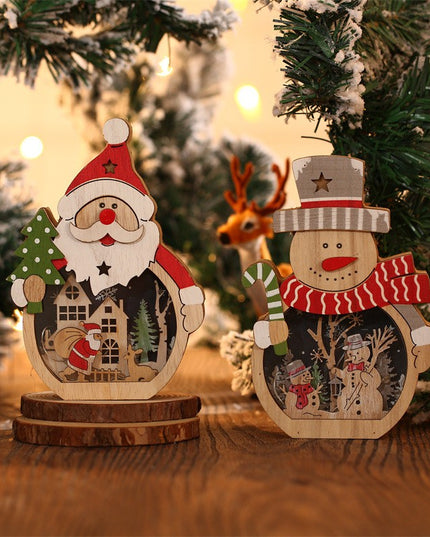 Decoratiune de Craciun, cu Lumini LED, din Lemn,Model Om de Zapada