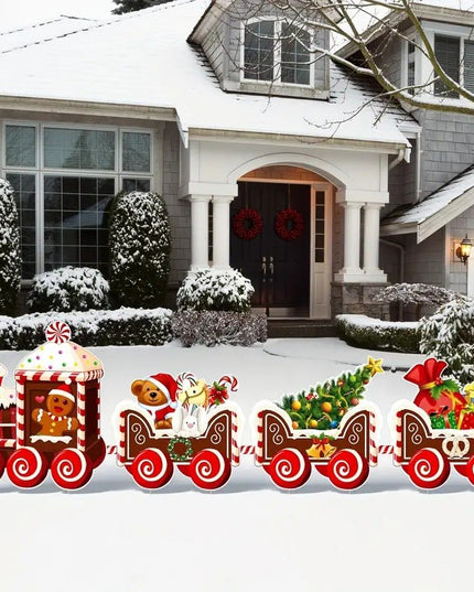 Decoratiune de Craciun, pentru Gradina, Tip Trenulet, 4 Figurine + Bete de Infipt in Pamant, din Plastic, Impermeabil, Model Tren cu Omul Briosa