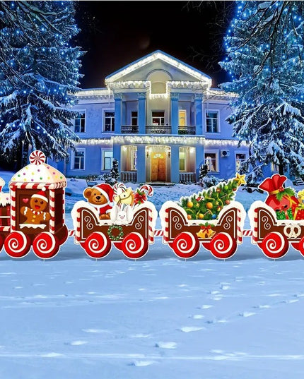 Decoratiune de Craciun, pentru Gradina, Tip Trenulet, 4 Figurine + Bete de Infipt in Pamant, din Plastic, Impermeabil, Model Tren cu Omul Briosa