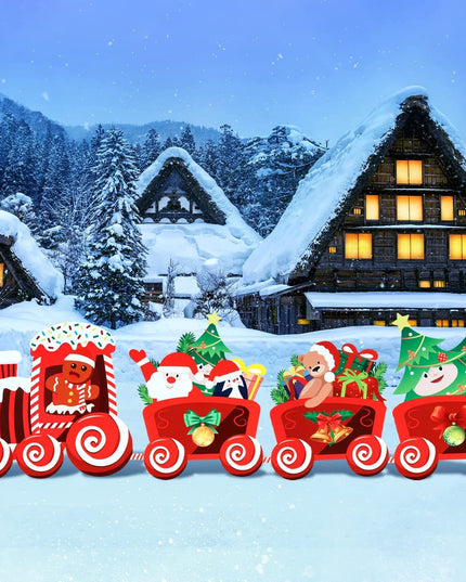 Decoratiune de Craciun, pentru Gradina, Tip Trenulet, 4 Figurine + Bete de Infipt in Pamant, din Plastic, Impermeabil, Model Tren cu Omul Briosa in Locomotiva