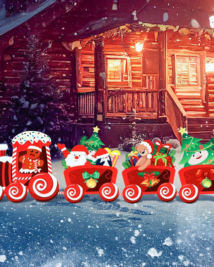 Decoratiune de Craciun, pentru Gradina, Tip Trenulet, 4 Figurine + Bete de Infipt in Pamant, din Plastic, Impermeabil, Model Tren cu Omul Briosa in Locomotiva