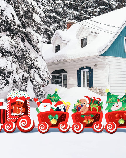 Decoratiune de Craciun, pentru Gradina, Tip Trenulet, 4 Figurine + Bete de Infipt in Pamant, din Plastic, Impermeabil, Model Tren cu Omul Briosa in Locomotiva