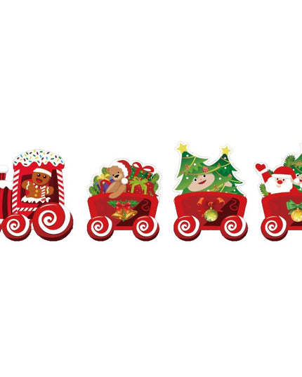 Decoratiune de Craciun, pentru Gradina, Tip Trenulet, 4 Figurine + Bete de Infipt in Pamant, din Plastic, Impermeabil, Model Tren cu Omul Briosa in Locomotiva