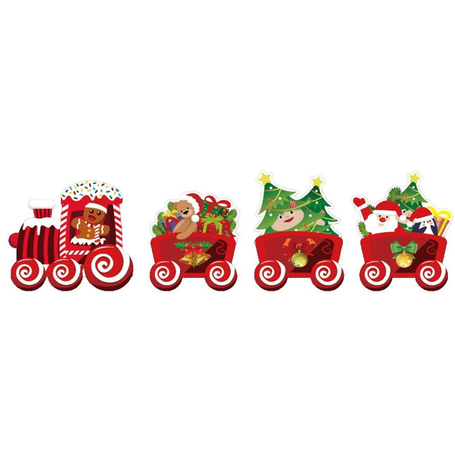 Decoratiune de Craciun, pentru Gradina, Tip Trenulet, 4 Figurine + Bete de Infipt in Pamant, din Plastic, Impermeabil, Model Tren cu Omul Briosa in Locomotiva