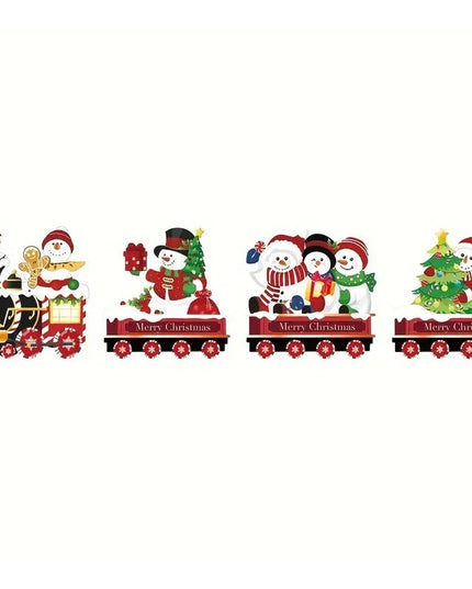 Decoratiune de Craciun, pentru Gradina, Tip Trenulet, 4 Figurine + Bete de Infipt in Pamant, din Plastic, Impermeabil, Model Oameni de Zapada