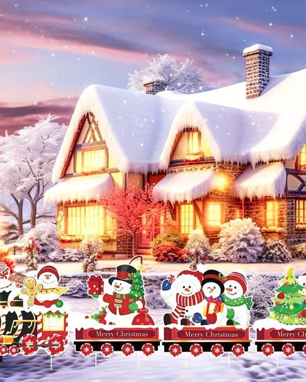 Decoratiune de Craciun, pentru Gradina, Tip Trenulet, 4 Figurine + Bete de Infipt in Pamant, din Plastic, Impermeabil, Model Oameni de Zapada