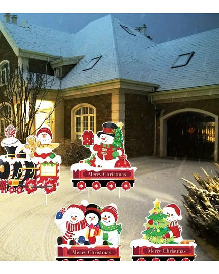 Decoratiune de Craciun, pentru Gradina, Tip Trenulet, 4 Figurine + Bete de Infipt in Pamant, din Plastic, Impermeabil, Model Oameni de Zapada