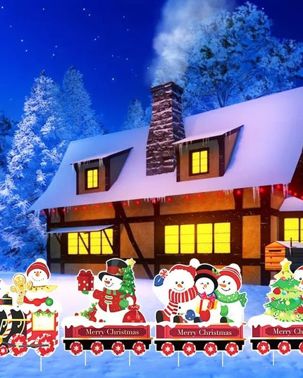 Decoratiune de Craciun, pentru Gradina, Tip Trenulet, 4 Figurine + Bete de Infipt in Pamant, din Plastic, Impermeabil, Model Oameni de Zapada