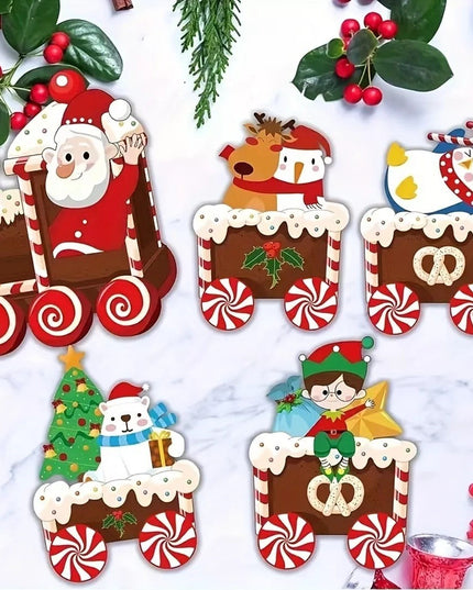 Decoratiune de Craciun, pentru Gradina, Tip Trenulet, 5 Figurine + Bete de Infipt in Pamant, din Plastic, Impermeabil, Model Mos Craciun cu Prietenii