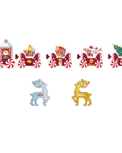 Decoratiune de Craciun, pentru Gradina, Tip Trenulet, 7 Figurine + Bete de Infipt in Pamant, din Plastic, Impermeabil, Model Renii Joy si Noel