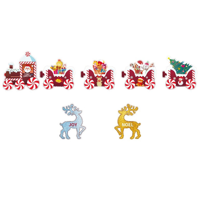 Decoratiune de Craciun, pentru Gradina, Tip Trenulet, 7 Figurine + Bete de Infipt in Pamant, din Plastic, Impermeabil, Model Renii Joy si Noel