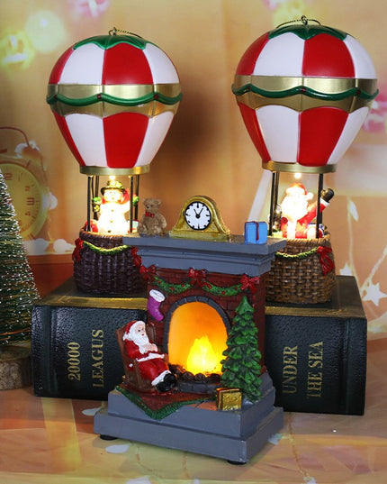 Decoratiune de Craciun tip Balon cu Aer Cald, Balon cu Mos Craciun, din Rasina, Model Balon cu Aer Cald si Mos Craciun Iluminare LED