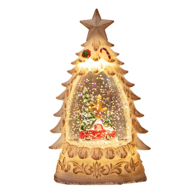 Decoratiune de Craciun tip Brad, Glob de Cristal cu Fulgi de Zapada, Model Masinuta cu Brad, Iluminare LED,Carcasa Vintage