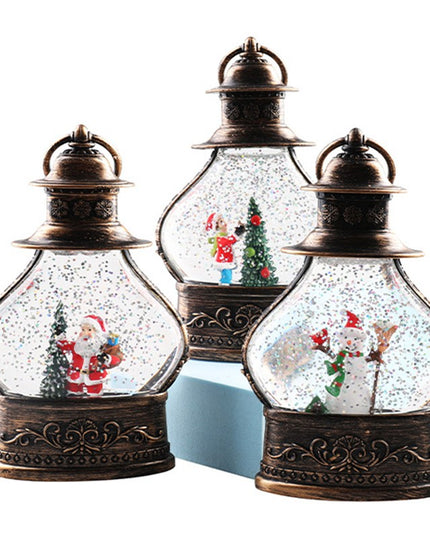 Decoratiune de Craciun tip Felinar, Glob de Cristal cu Fulgi de Zapada, Model Om de Zapada, Ornamentat cu Luminite Interioare,Rama Neagra