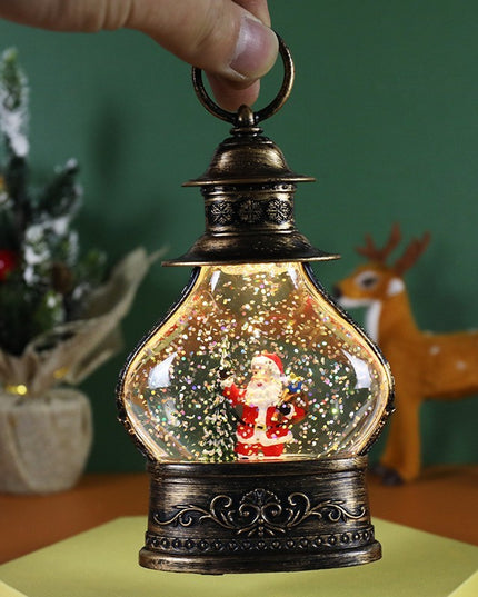 Decoratiune de Craciun tip Felinar, Glob de Cristal cu Fulgi de Zapada, Model Mos Craciun, Ornamentat cu Luminite Interioare,Rama Neagra