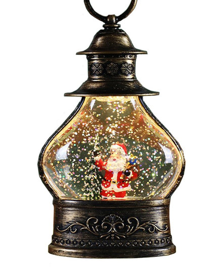 Decoratiune de Craciun tip Felinar, Glob de Cristal cu Fulgi de Zapada, Model Mos Craciun, Ornamentat cu Luminite Interioare,Rama Neagra