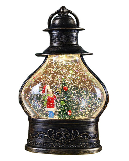 Decoratiune de Craciun tip Felinar, Glob de Cristal cu Fulgi de Zapada, Model Elf, Ornamentat cu Luminite Interioare,Rama Neagra