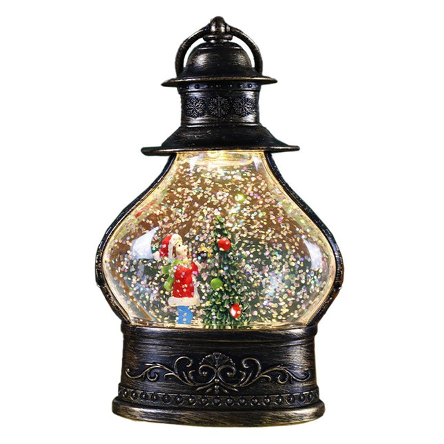 Decoratiune de Craciun tip Felinar, Glob de Cristal cu Fulgi de Zapada, Model Elf, Ornamentat cu Luminite Interioare,Rama Neagra