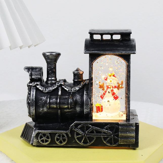 Decoratiune de Craciun tip Locomotiva, Glob de Cristal cu Fulgi de Zapada, Model Om de Zapada, Iluminare LED,Carcasa Vintage Bronze