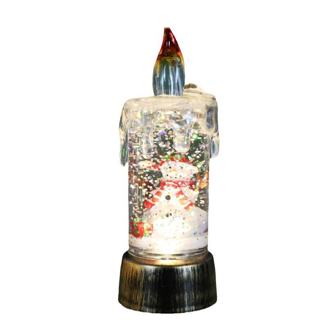 Decoratiune de Craciun tip Lumanare, Lumanare de Cristal cu Fulgi de Zapada, Model Om de Zapada cu Sclipici, Iluminare LED,Baza Vintage Bronze