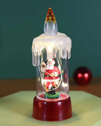 Decoratiune de Craciun tip Lumanare, Lumanare de Cristal fara Fulgi de Zapada, Model Mos Craciun, Iluminare LED,Baza Rosie