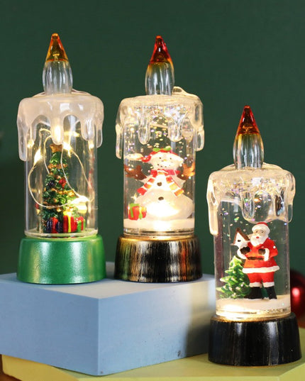 Decoratiune de Craciun tip Lumanare, Lumanare de Cristal fara Fulgi de Zapada, Model Mos Craciun, Iluminare LED,Baza Rosie