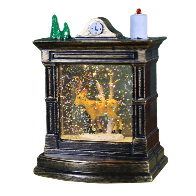 Decoratiune de Craciun tip Semineu / Ceas, Glob de Cristal cu Fulgi de Zapada, Model Ren, Iluminare LED,Carcasa Vintage Bronze