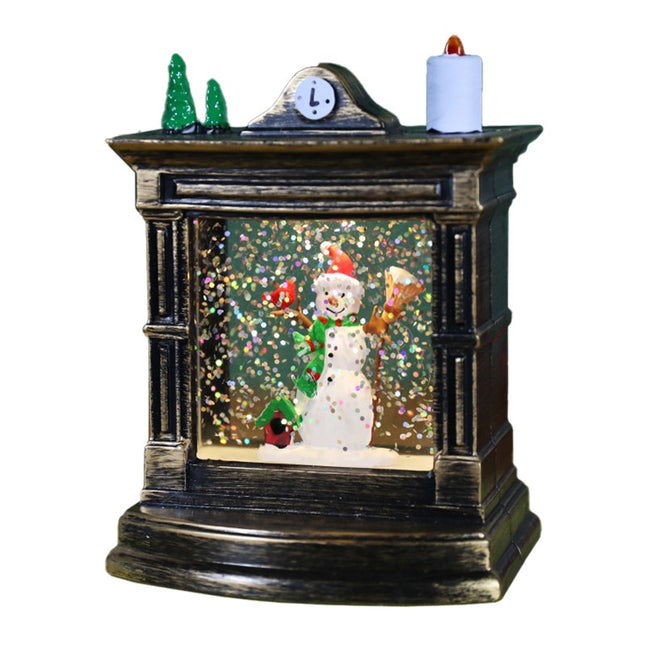 Decoratiune de Craciun tip Semineu / Ceas, Glob de Cristal cu Fulgi de Zapada, Model Om de Zapada, Iluminare LED,Carcasa Vintage Bronze