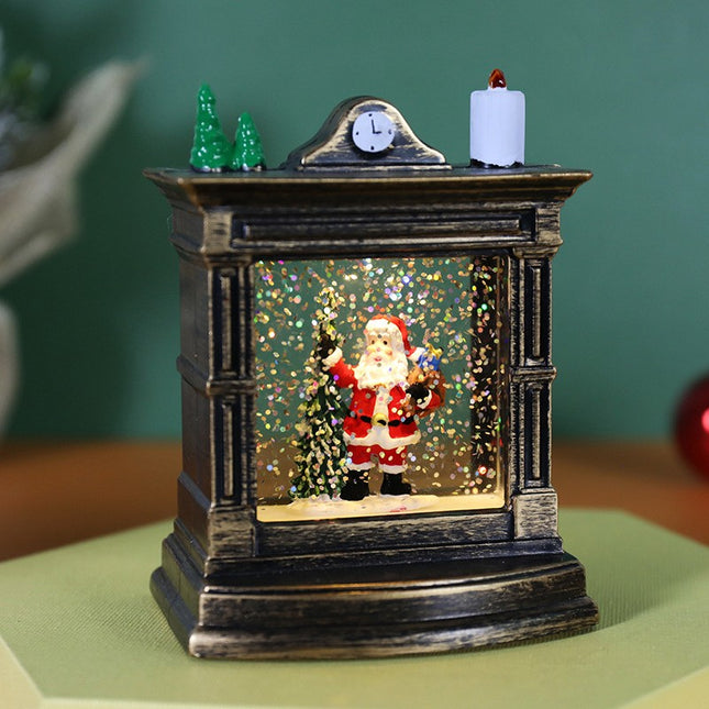 Decoratiune de Craciun tip Semineu / Ceas, Glob de Cristal cu Fulgi de Zapada, Model Mos Craciun, Iluminare LED,Carcasa Vintage Bronze