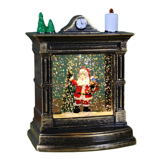 Decoratiune de Craciun tip Semineu / Ceas, Glob de Cristal cu Fulgi de Zapada, Model Mos Craciun, Iluminare LED,Carcasa Vintage Bronze