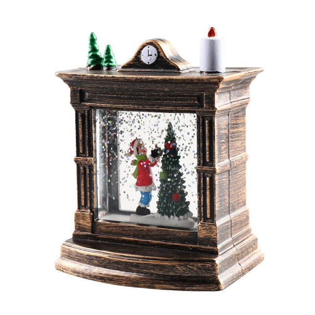 Decoratiune de Craciun tip Semineu / Ceas, Glob de Cristal cu Fulgi de Zapada, Model Elf, Iluminare LED,Carcasa Vintage Bronze