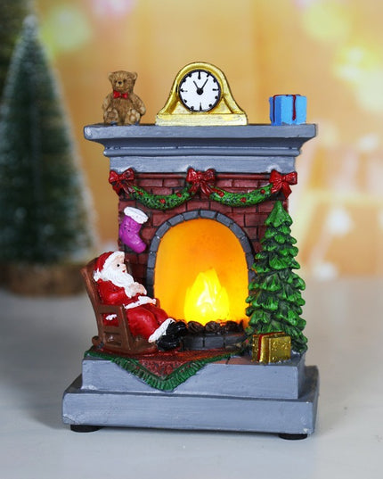 Decoratiune de Craciun tip Semineu, Semineu Decorativ cu Foc din Rasina, Model Semineu cu Mos Craciun, Flacara Iluminare LED