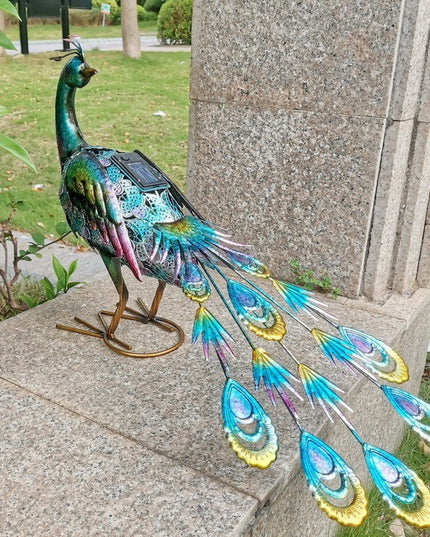 Decoratiune de Gradina cu Lampa solara, Model Paun Pitic, Iluminare Led si Incarcare Solara,din Fier