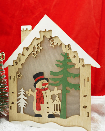 Decoratiune luminoasa, model de Casa cu Om de zapada