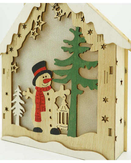 Decoratiune luminoasa, model de Casa cu Om de zapada