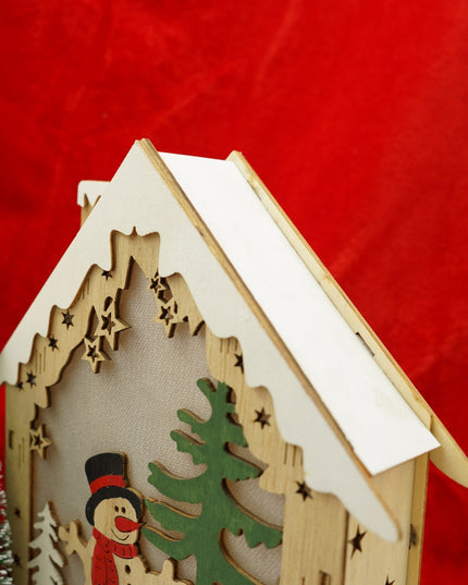 Decoratiune luminoasa, model de Casa cu Om de zapada