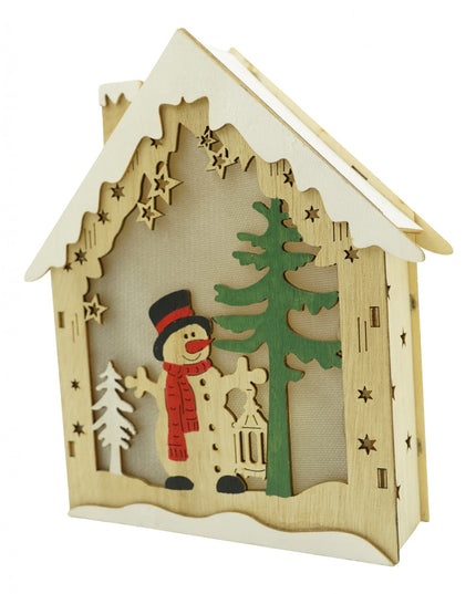 Decoratiune luminoasa, model de Casa cu Om de zapada