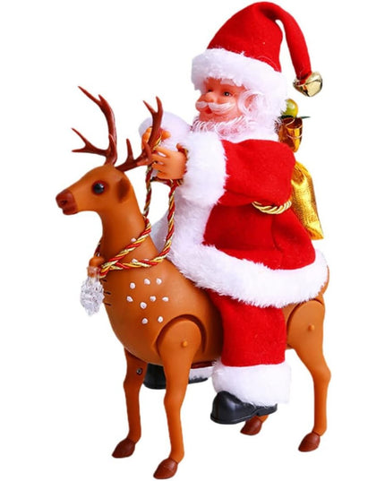 Decoratiune Mos Craciun, Animat, care Canta si Danseaza, cu Saculet, pe Ren, Imbracat Festiv