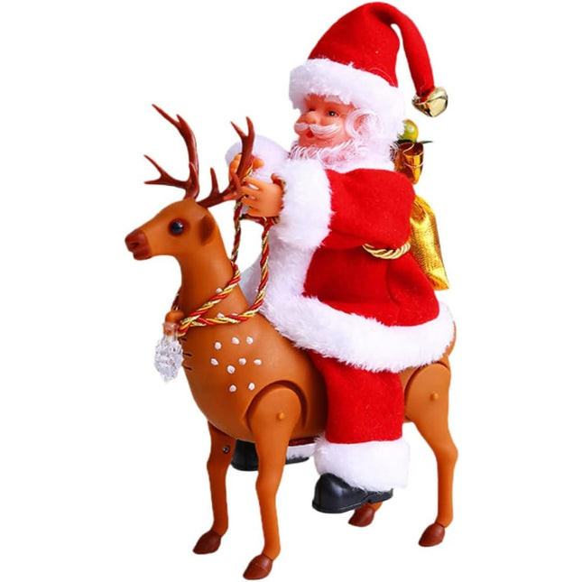 Decoratiune Mos Craciun, Animat, care Canta si Danseaza, cu Saculet, pe Ren, Imbracat Festiv